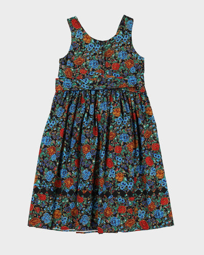 Vintage 1990s Blue And Black Floral Patterned Dress - S