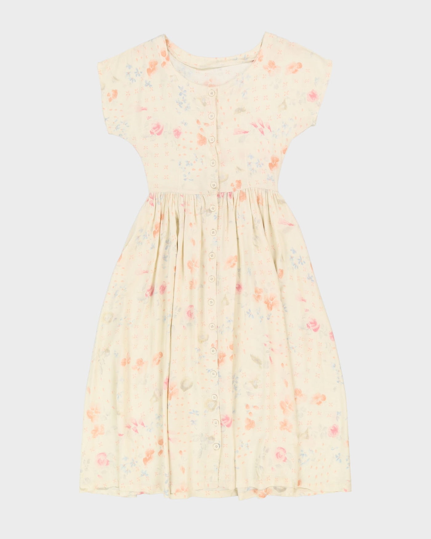 Vintage Cream With Pastel Pattern Midi Dress - S