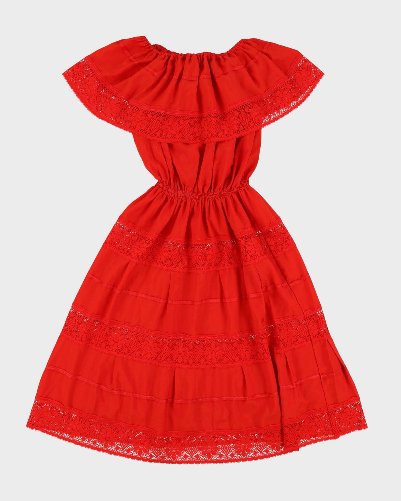 00s Red Lace Detailed Off The Shoulder Dress - S / M