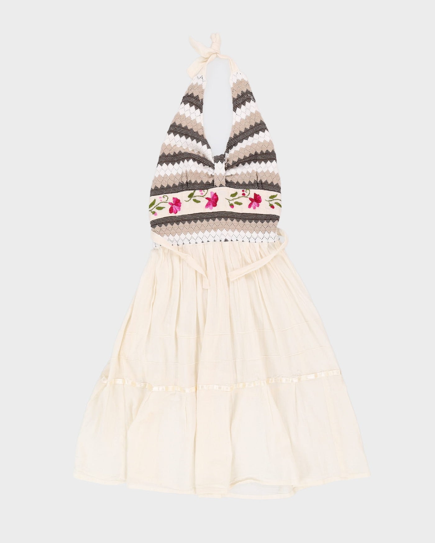 00s Cream Embroidered Halter Dress - S