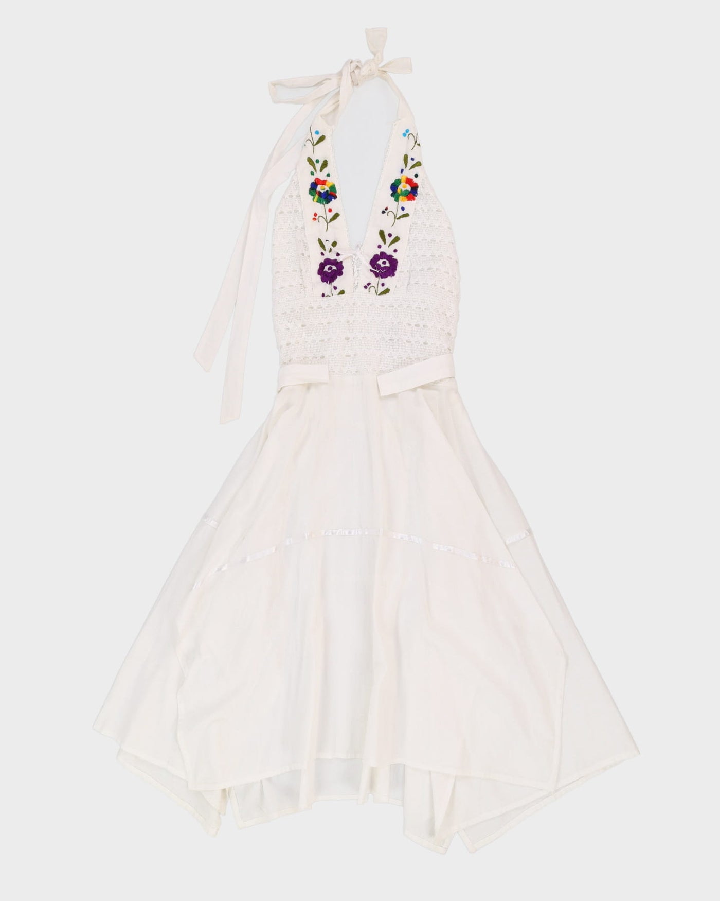 Y2K 00s White Embroidered Halter Dress - S