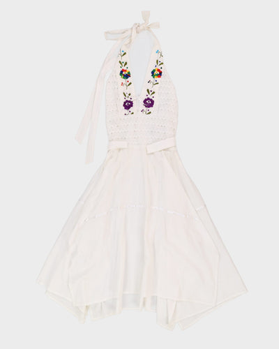 Y2K 00s White Embroidered Halter Dress - S