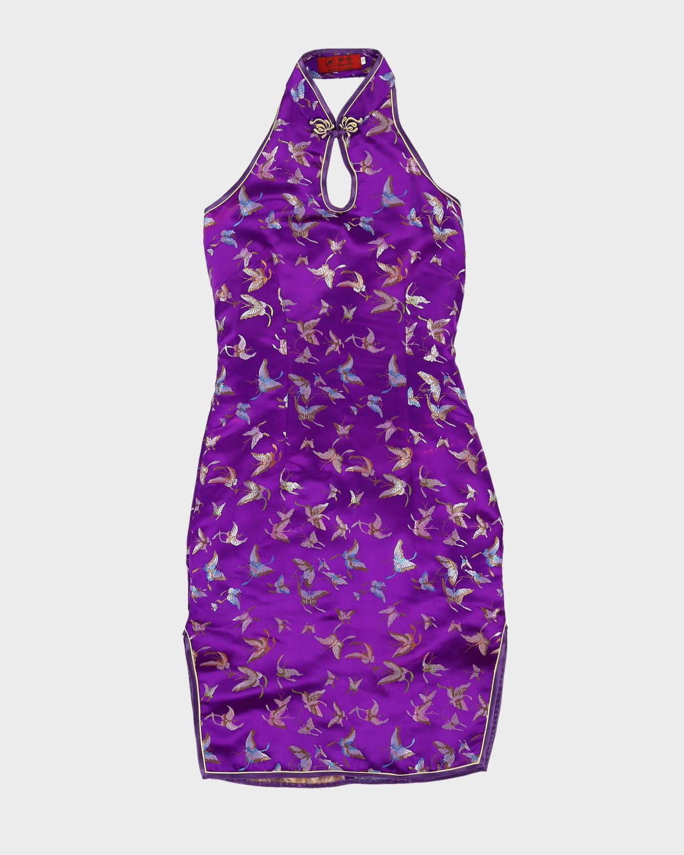 Y2K Purple Brocade Cheongsam Halter Dress - XS