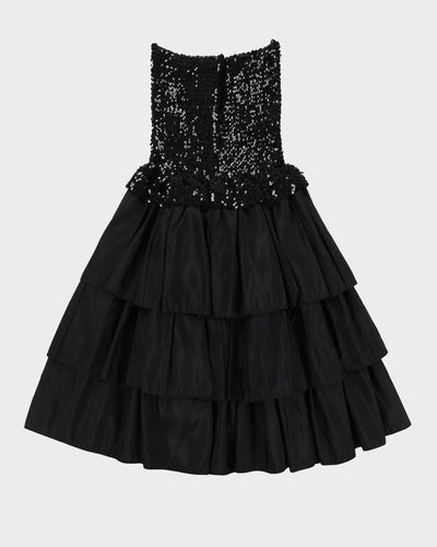 1990s Black Sequined With Tiered Skirt Cocktail Dress - S