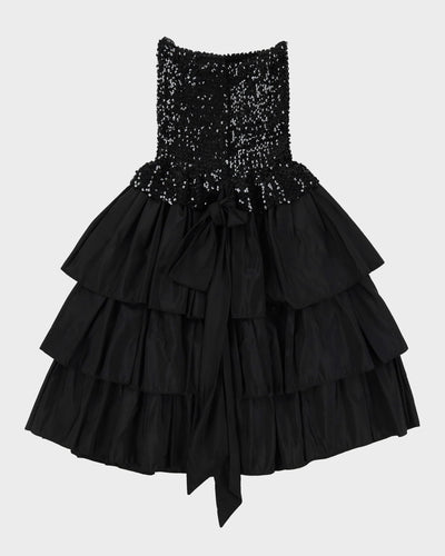 1990s Black Sequined With Tiered Skirt Cocktail Dress - S