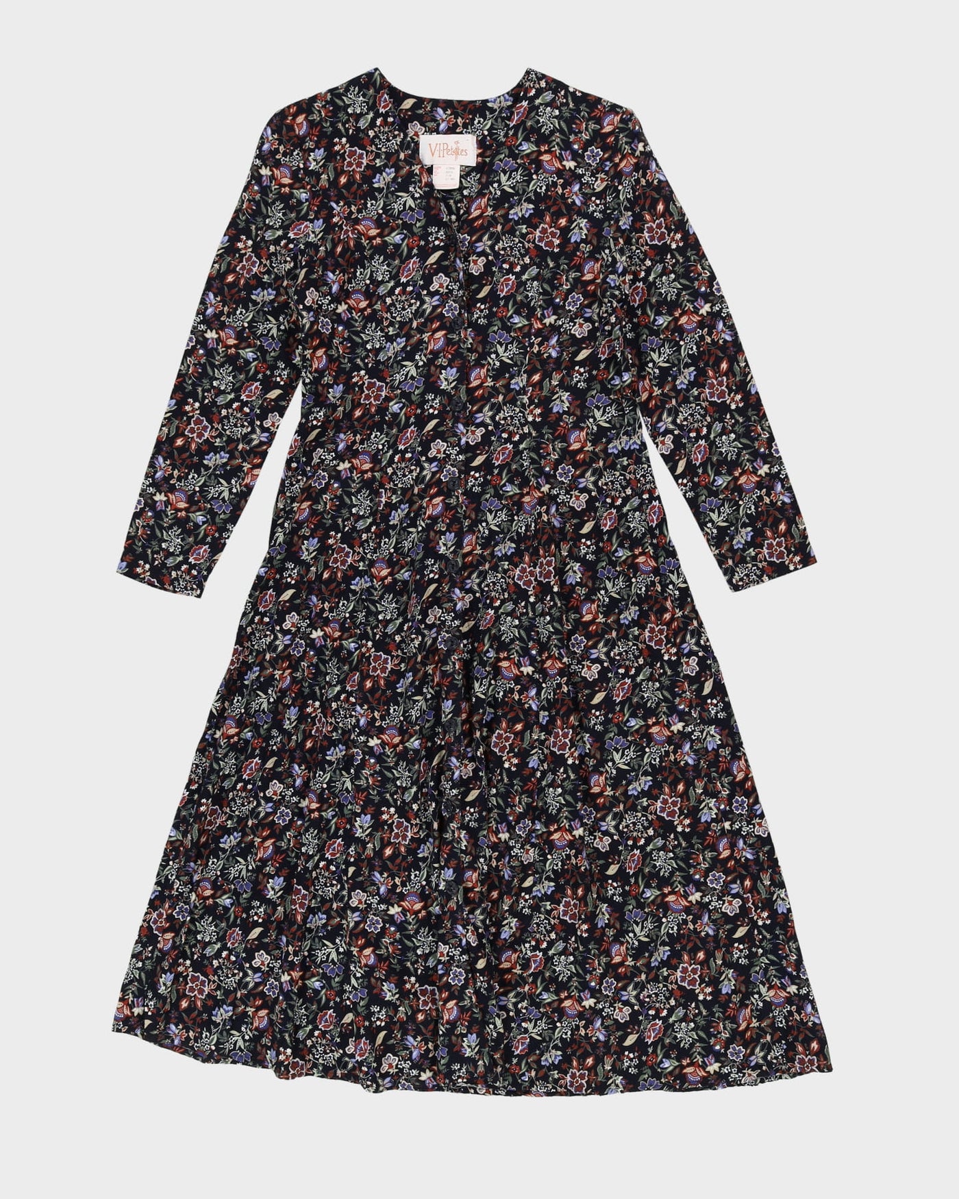 Vintage 1990s Black Floral Tea Dress - S