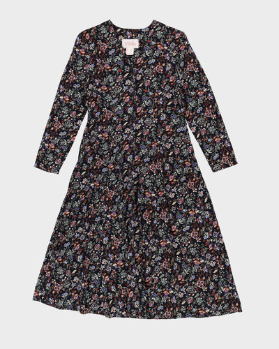 Vintage 1990s Black Floral Tea Dress - S