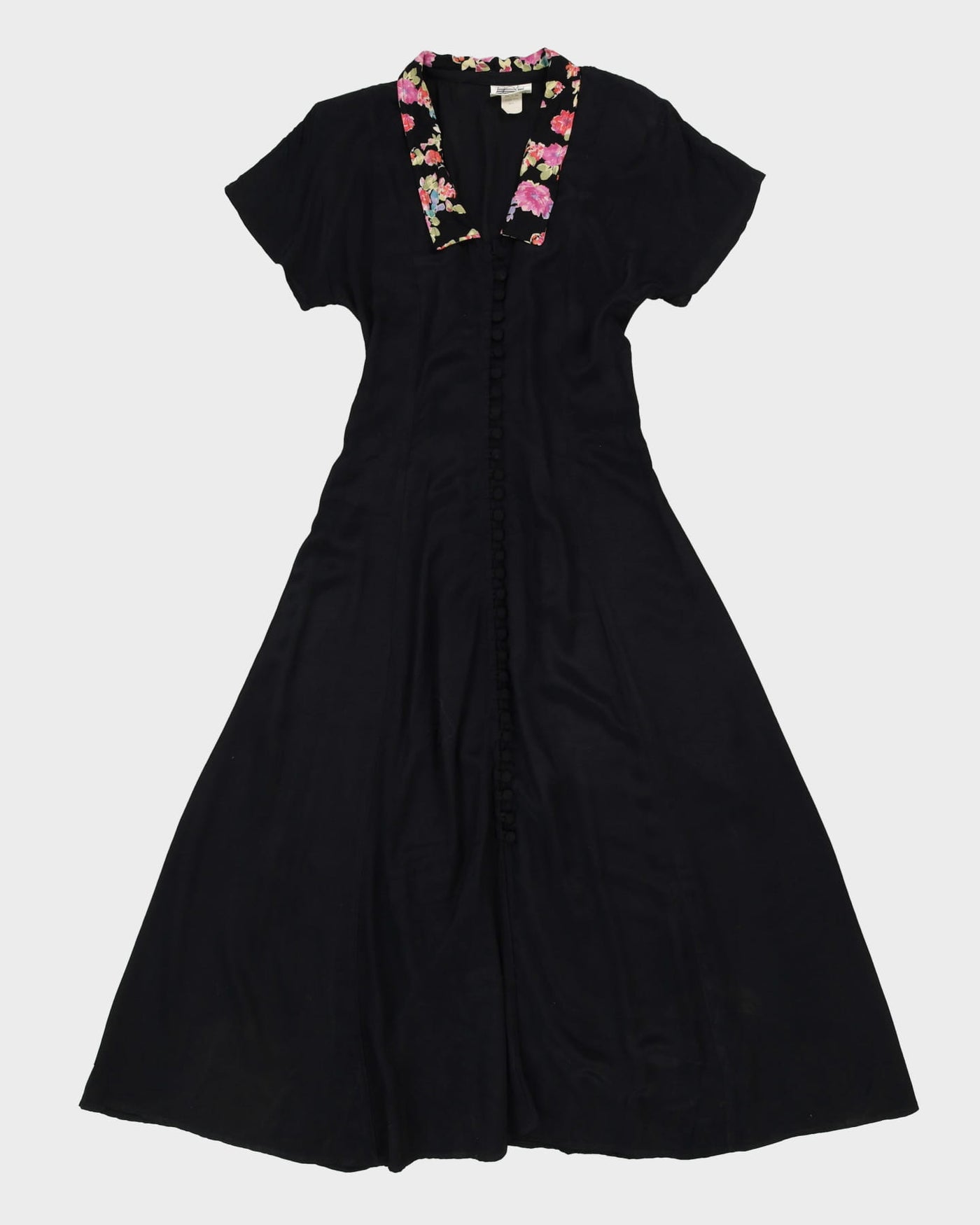 00s Black With Floral Collar Maxi Dress - S