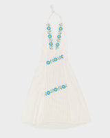 White With Blue Embroidery Halter Neck Dress - S