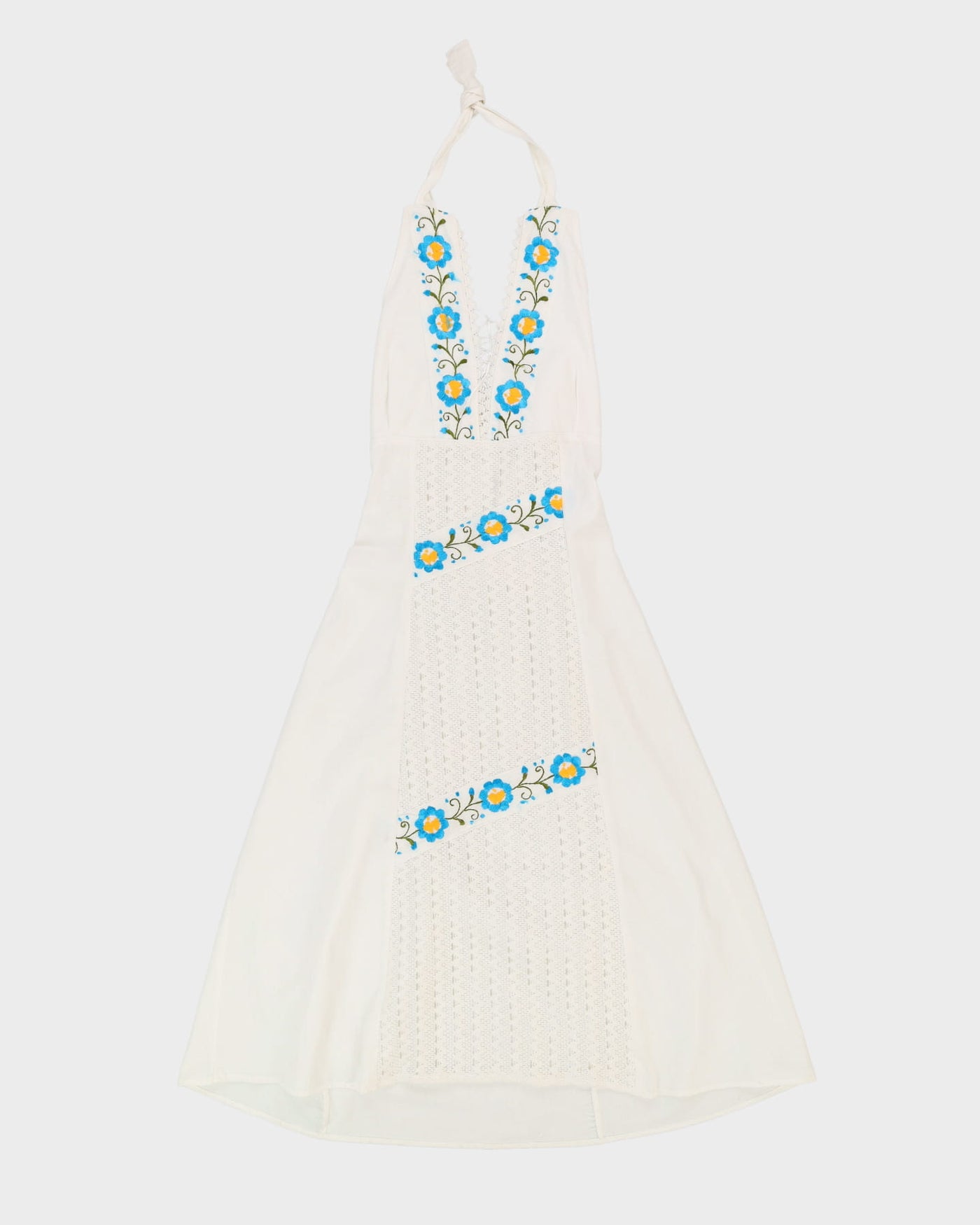 White With Blue Embroidery Halter Neck Dress - S
