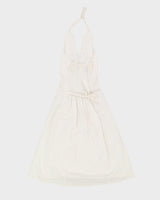 White With Blue Embroidery Halter Neck Dress - S