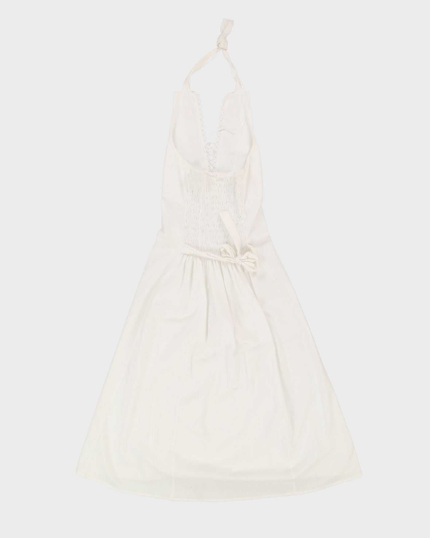 White With Blue Embroidery Halter Neck Dress - S