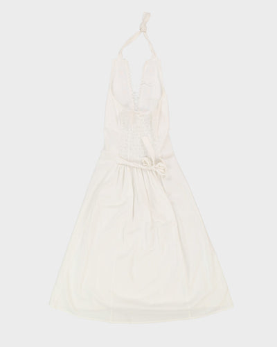 White With Blue Embroidery Halter Neck Dress - S