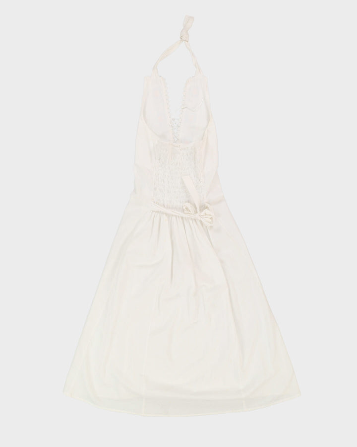 White With Blue Embroidery Halter Neck Dress - S