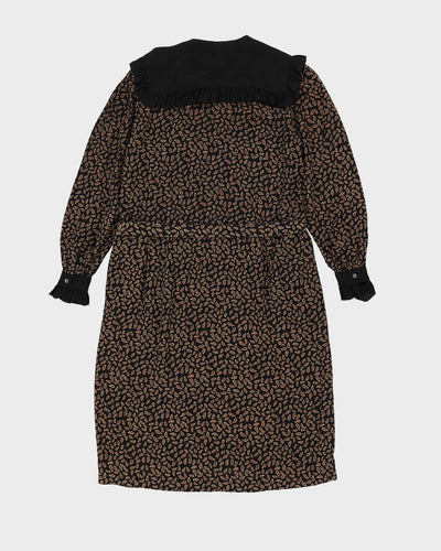 1990s Black Patterned Silk Midi Dress - S
