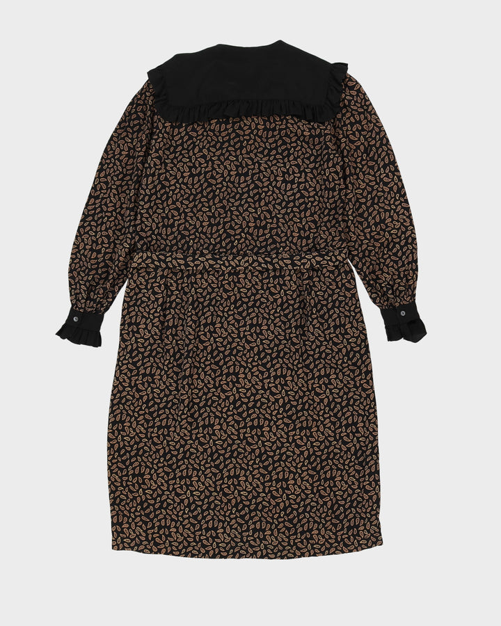 1990s Black Patterned Silk Midi Dress - S