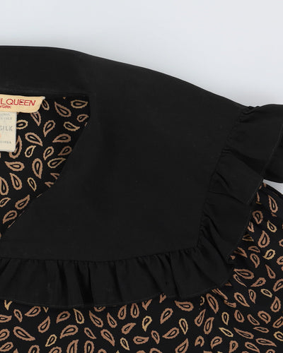 1990s Black Patterned Silk Midi Dress - S