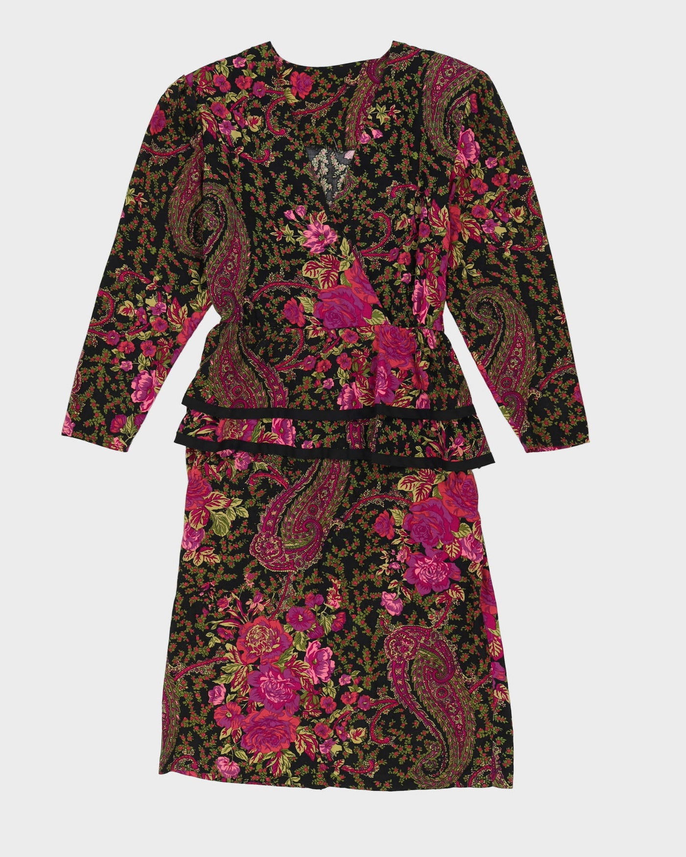 Black With Pink Floral Pattern Midi Dress - M