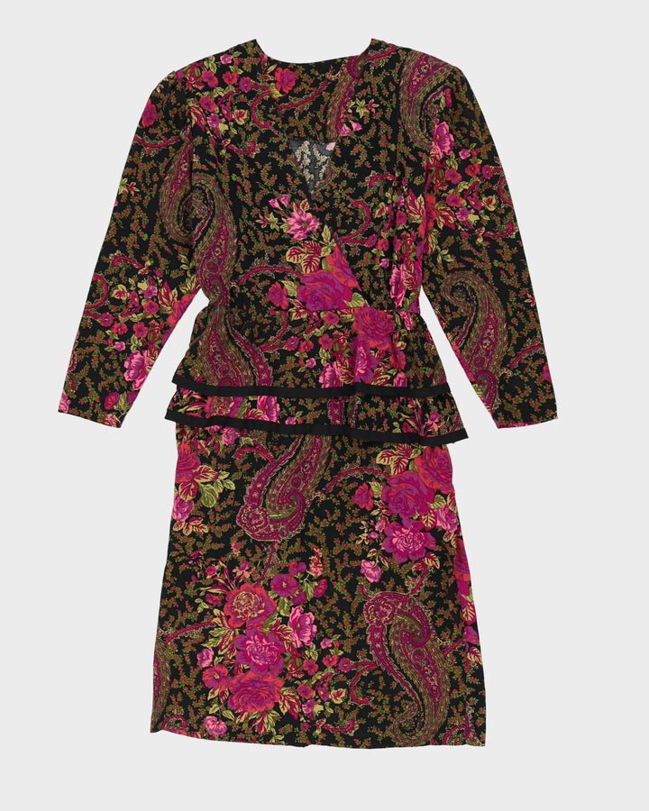 Black With Pink Floral Pattern Midi Dress - M