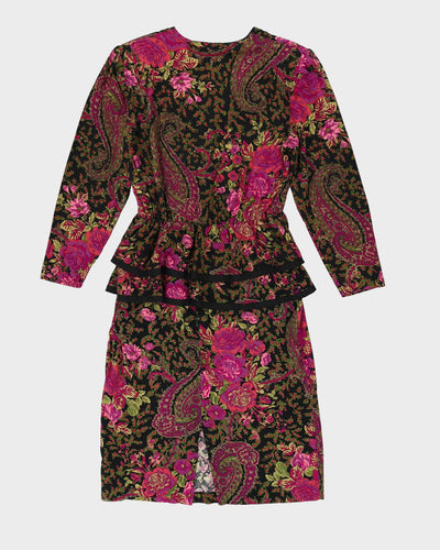 Black With Pink Floral Pattern Midi Dress - M