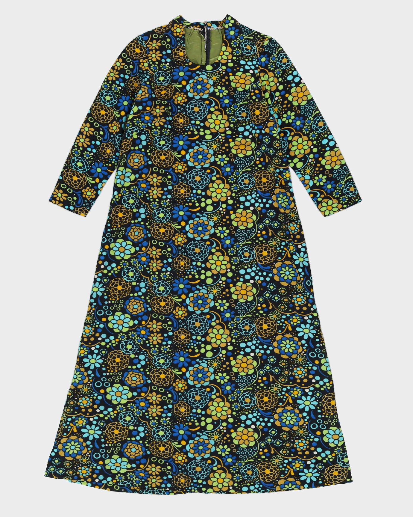 Vintage 1970s Blue Patterned Maxi Dress - S
