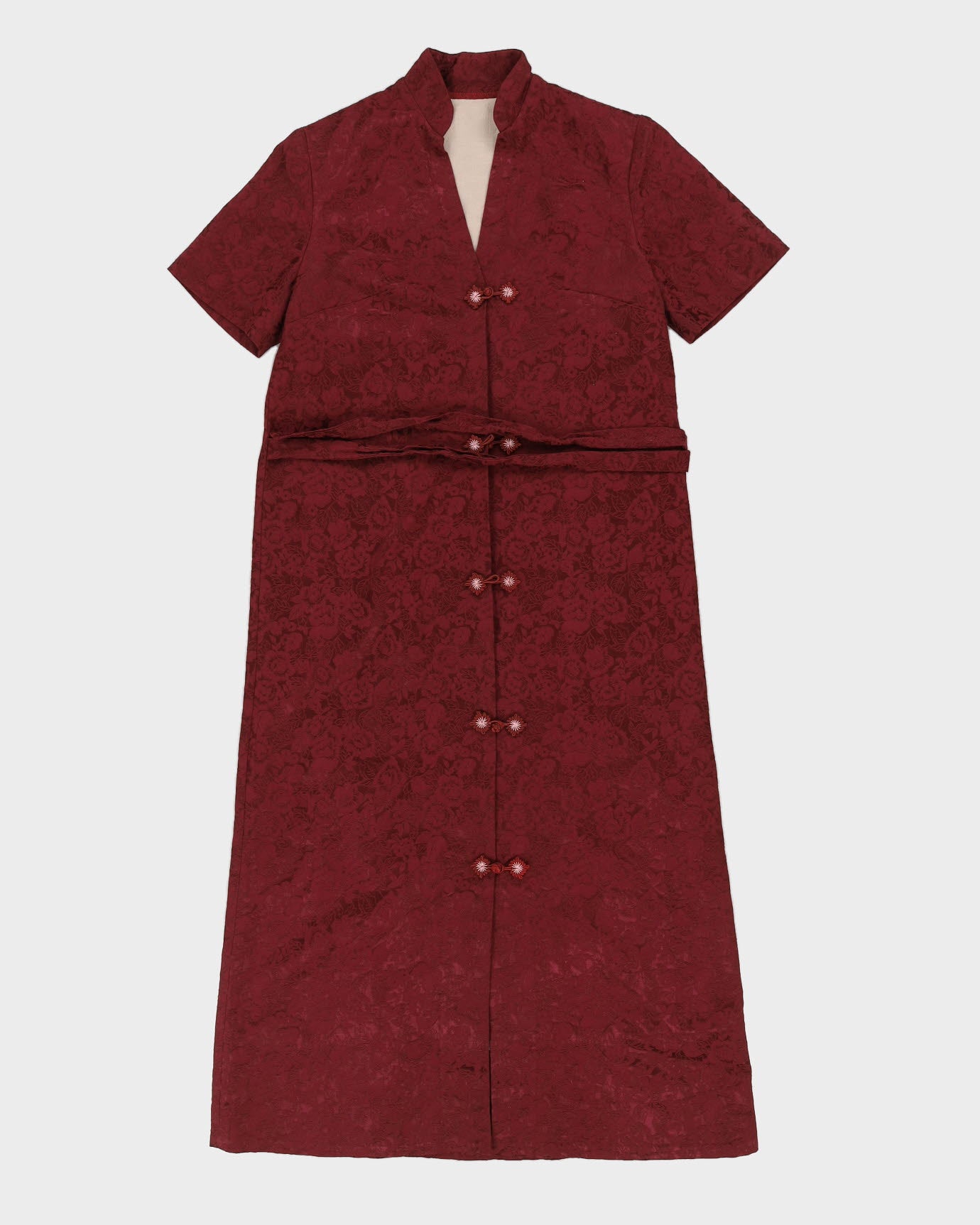 Burgundy Floral Jacquard Cheongsam Dress - S