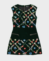 Green Embroidered Velvet Sleeveless Dress - S