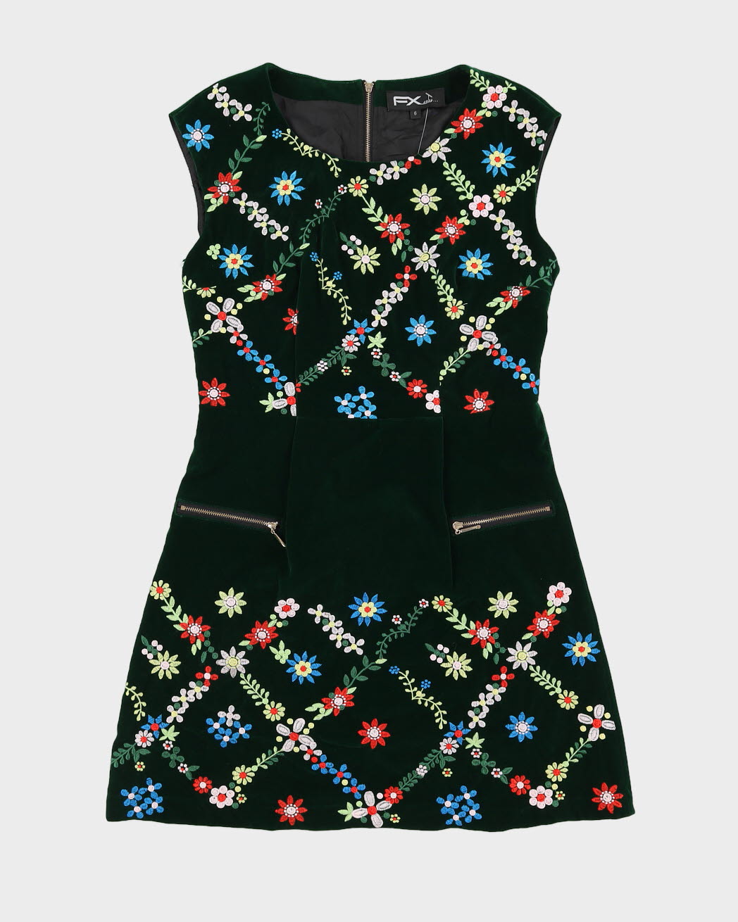 Green Embroidered Velvet Sleeveless Dress - S