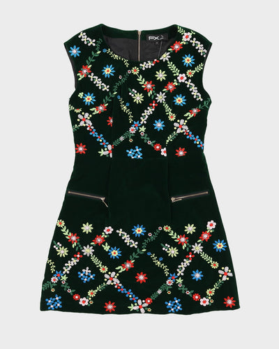 Green Embroidered Velvet Sleeveless Dress - S