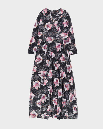 Vintage 1970s Black Floral Maxi Dress - L