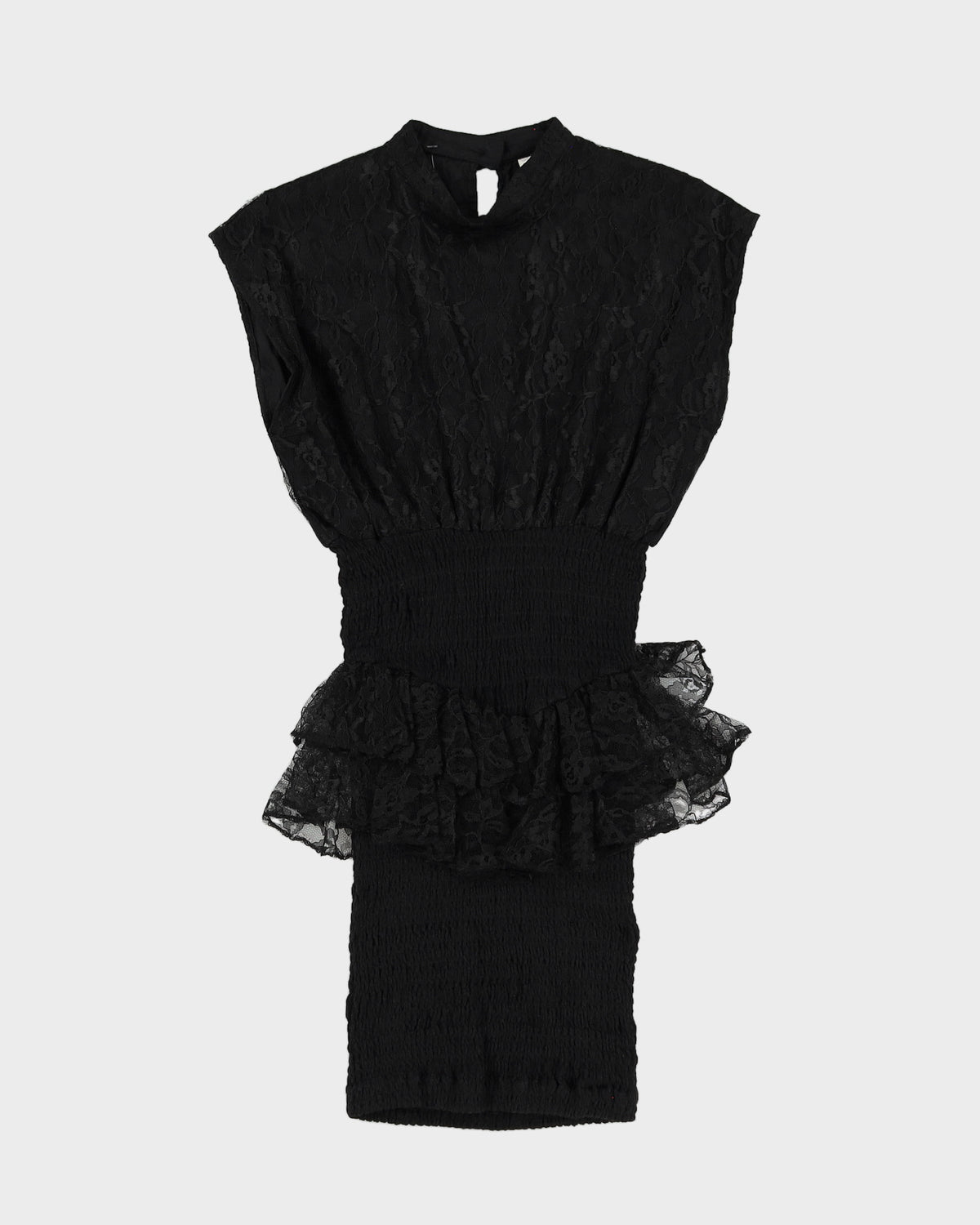 1990s Black Lace Peplum Mini Dress - S