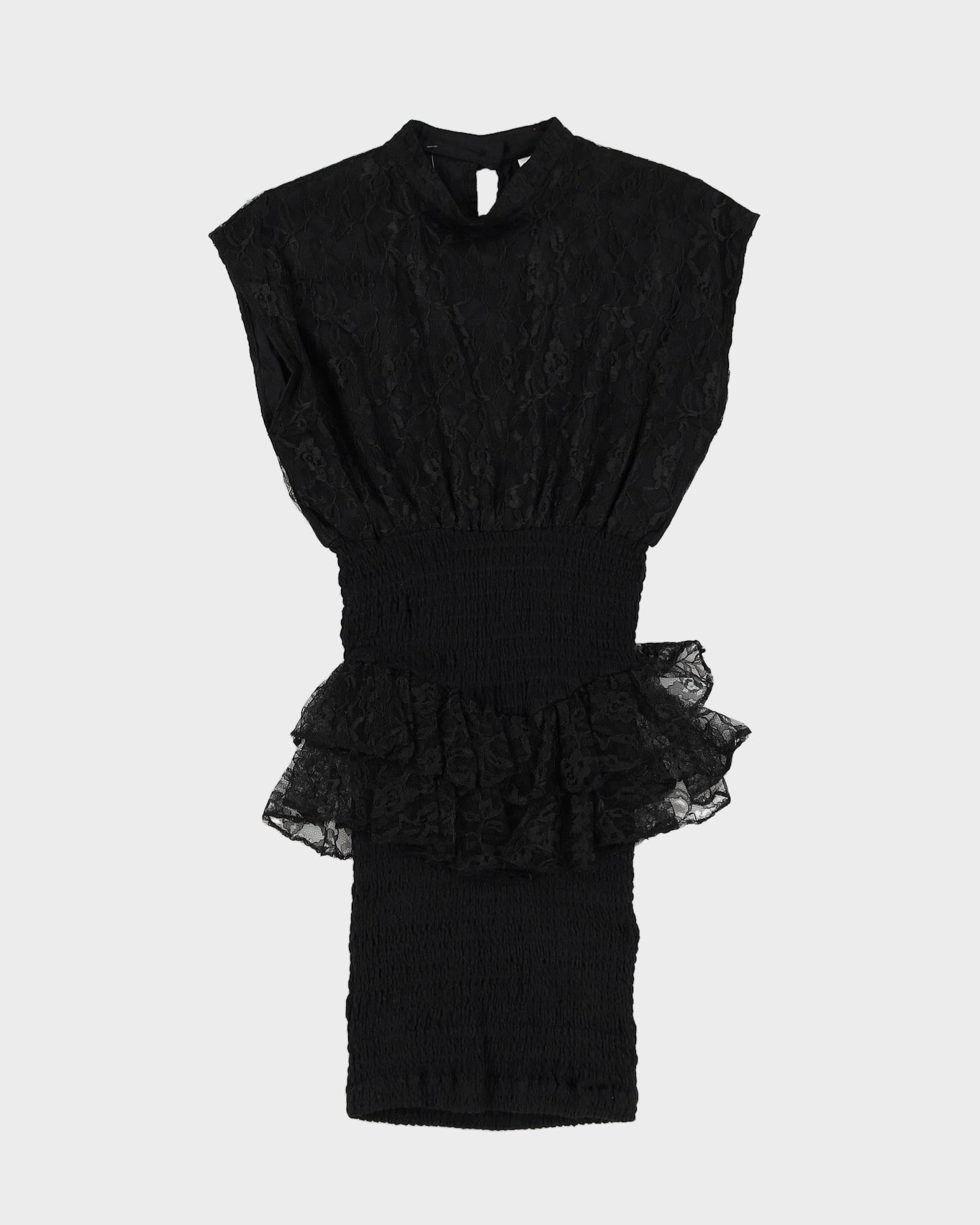 1990s Black Lace Peplum Mini Dress - S