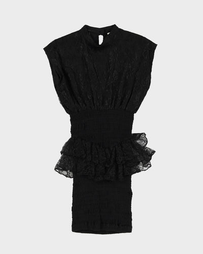 1990s Black Lace Peplum Mini Dress - S