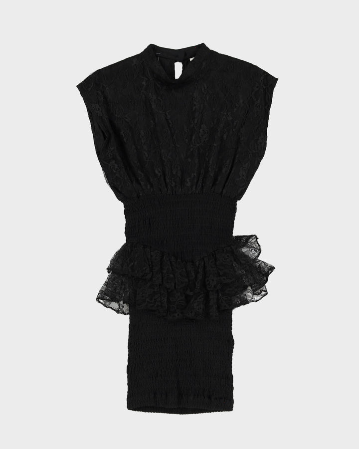 1990s Black Lace Peplum Mini Dress - S