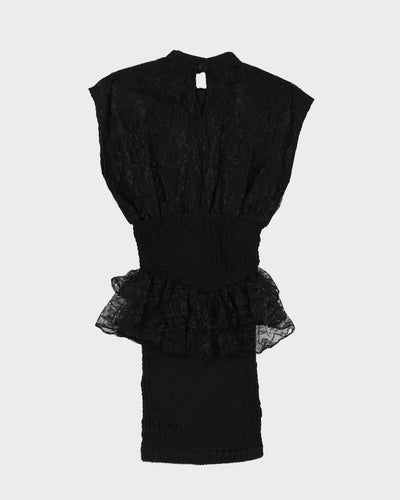 1990s Black Lace Peplum Mini Dress - S