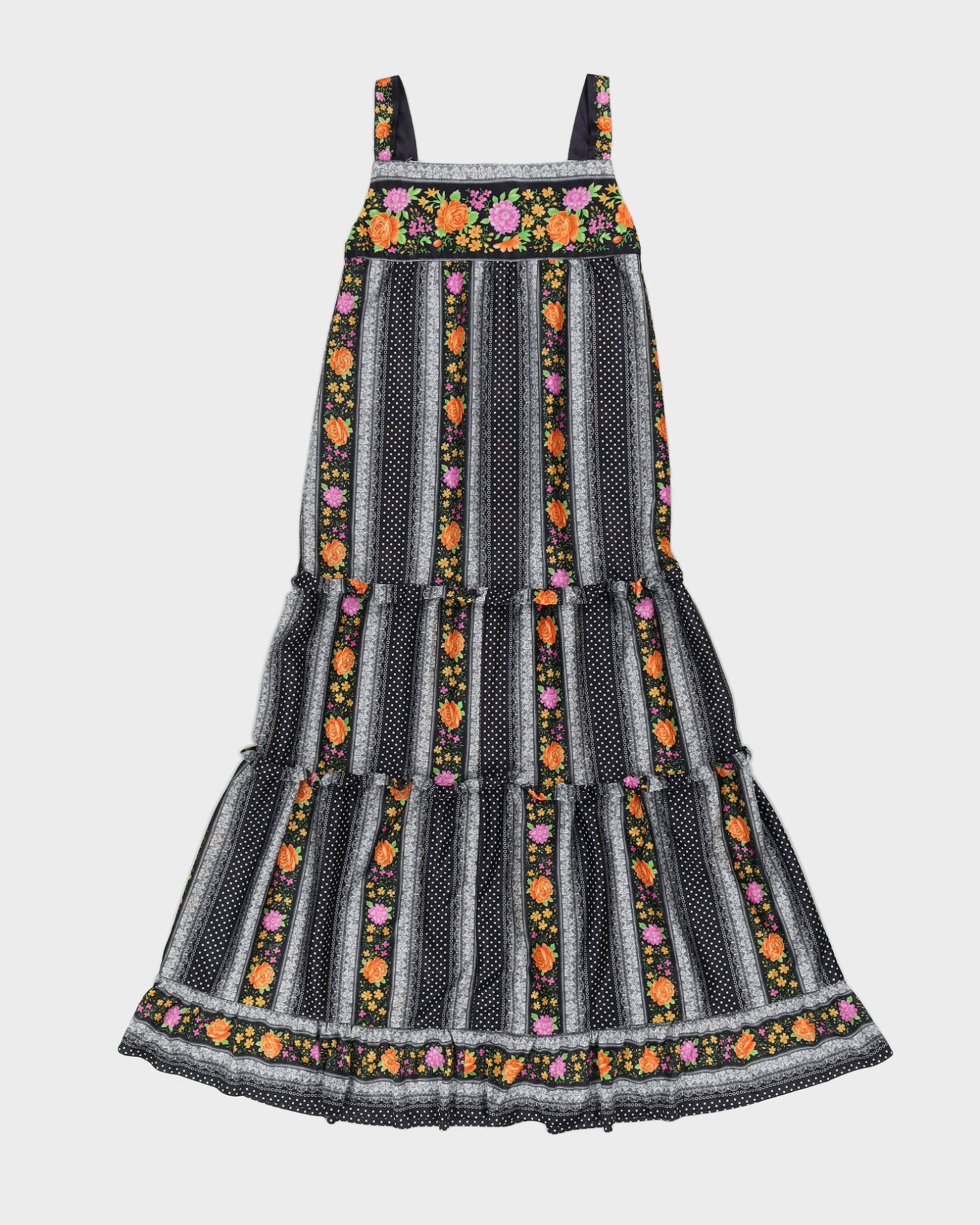 Vintage 1970s Black Patterned Maxi Dress - XS