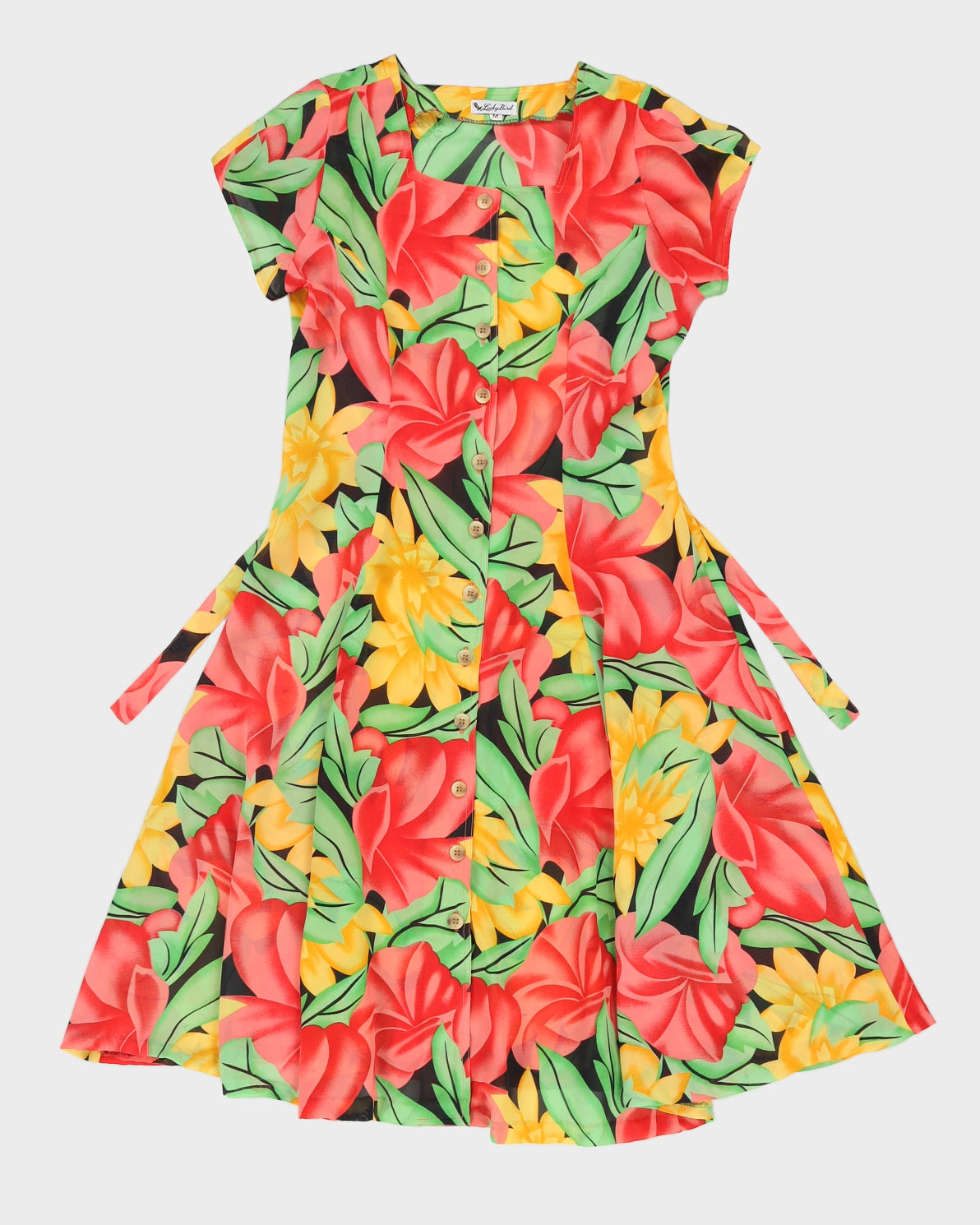 Vintage 80s Lucky Bird Floral Button Down Dress - M