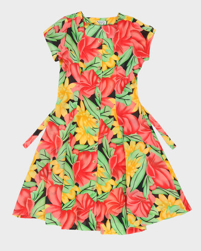 Vintage 80s Lucky Bird Floral Button Down Dress - M