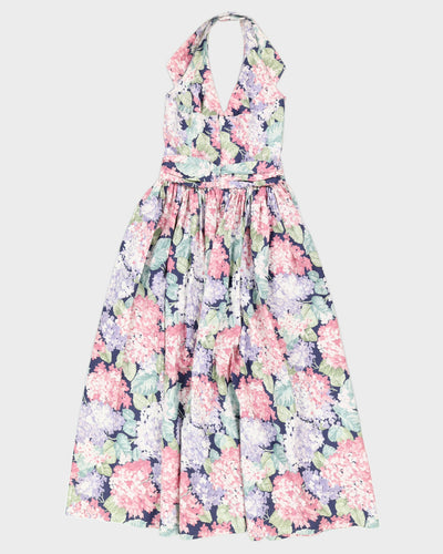 Blue Floral Halter Neck Swing Dress - S