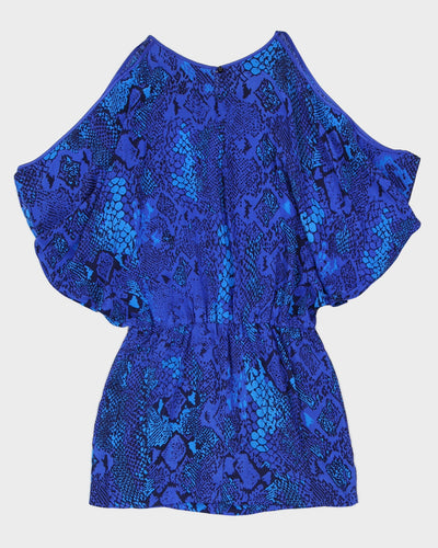 Blue Patterned Silk Cold Shoulder Dress - M