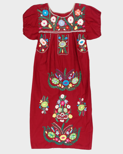 Burgundy Hand Embroidered Smock Dress - S
