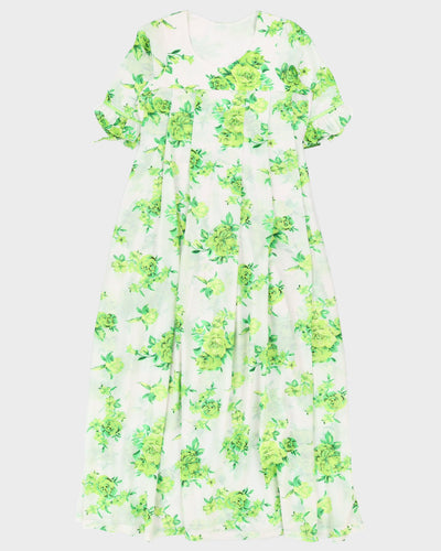 White With Green Flowers Maxi Dress - M