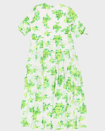 White With Green Flowers Maxi Dress - M