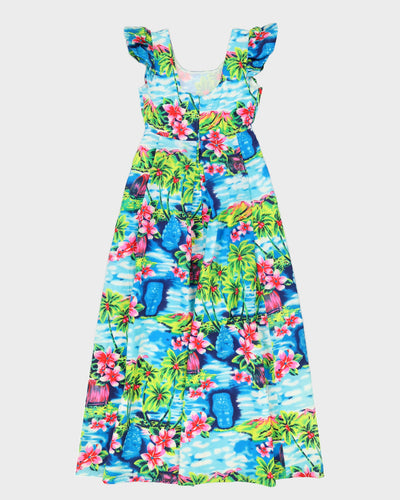 Vintage 1980s Blue Hawaiian Maxi Dress - S