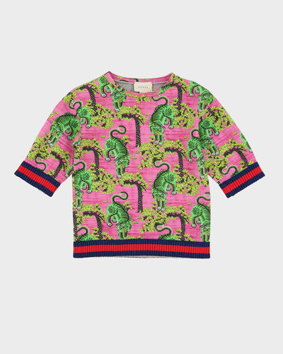 Gucci Pink All Over Tiger Design Short Sleeve Sweatshirt - XXS