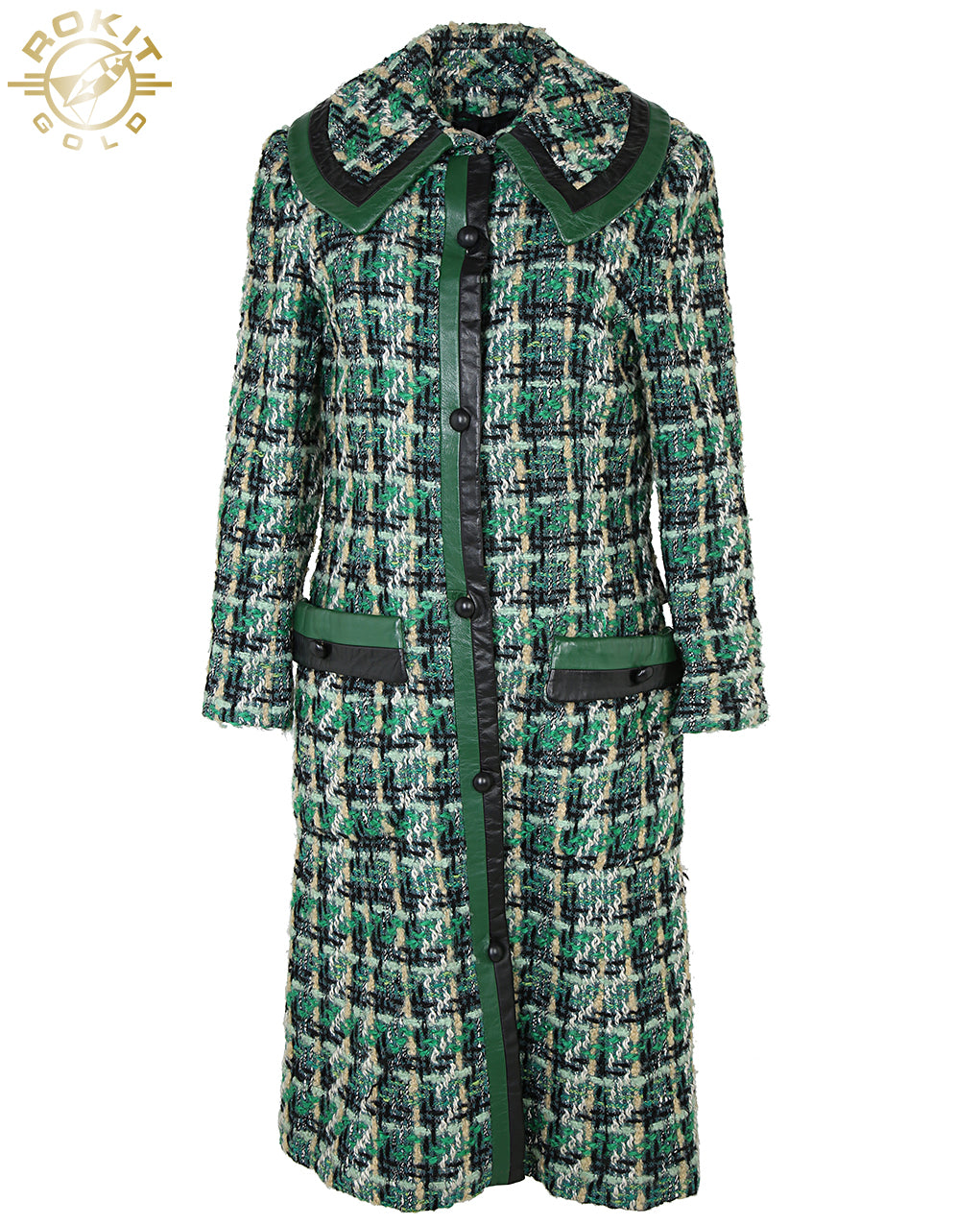 Late 1960s Jean Patou of Paris Green Checked Leather Trimmed Coat - M