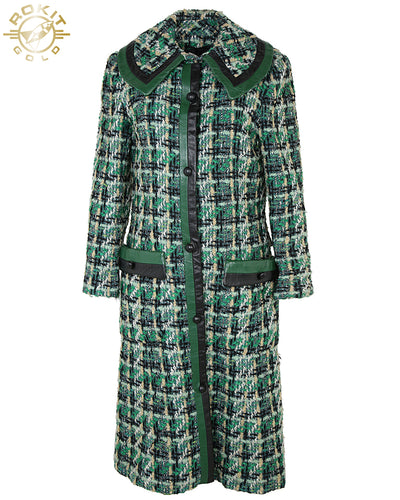 Late 1960s Jean Patou of Paris Green Checked Leather Trimmed Coat - M