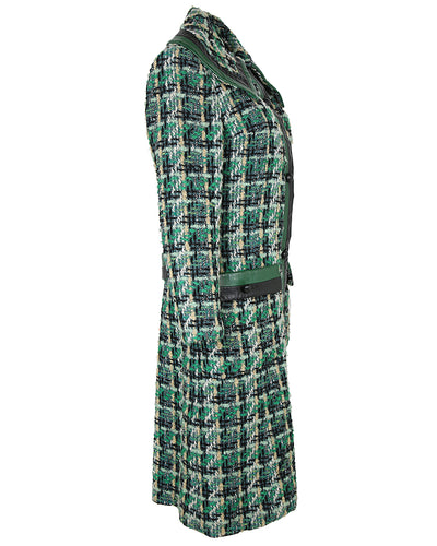 Late 1960s Jean Patou of Paris Green Checked Leather Trimmed Coat - M