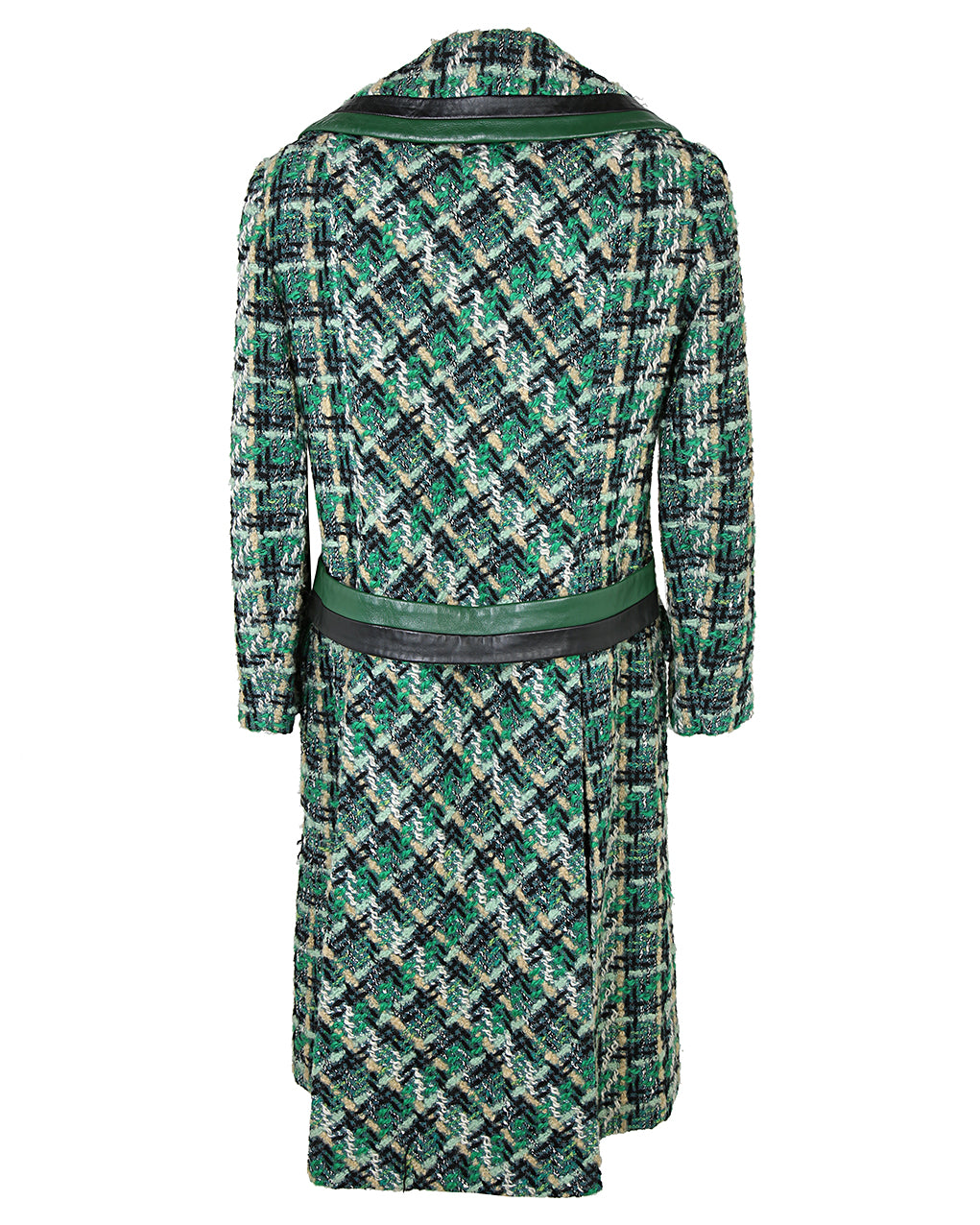 Late 1960s Jean Patou of Paris Green Checked Leather Trimmed Coat - M