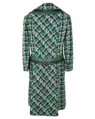 Late 1960s Jean Patou of Paris Green Checked Leather Trimmed Coat - M